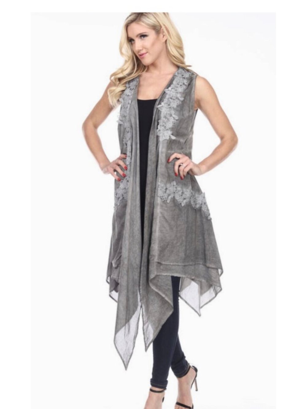 NWT PRETTY ANGEL Sylvanna Sleeveless Long Linen Vest With Crochet Detail Gray